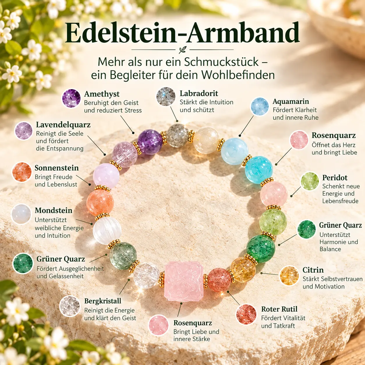 Edelstein-Armband mit Rosenquarz-Anhänger