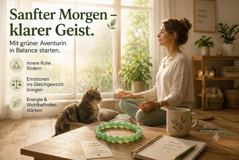 Eine deutsche Frau meditiert am Morgen in einem hellen, gemütlichen Wohnzimmer mit sanftem Sonnenlicht. Auf dem Holztisch liegt ein grünes Aventurin-Armband im Mittelpunkt, daneben eine Tasse und ein Notizbuch. Pflanzen und Kerzen schaffen eine ruhige Atmosphäre. Die Überschrift „Sanfter Morgen – klarer Geist.“ sowie die Hinweise „Innere Ruhe fördern“, „Emotionen ins Gleichgewicht bringen“ und „Energie & Wohlbefinden stärken“ unterstreichen den achtsamen Start in den Tag.