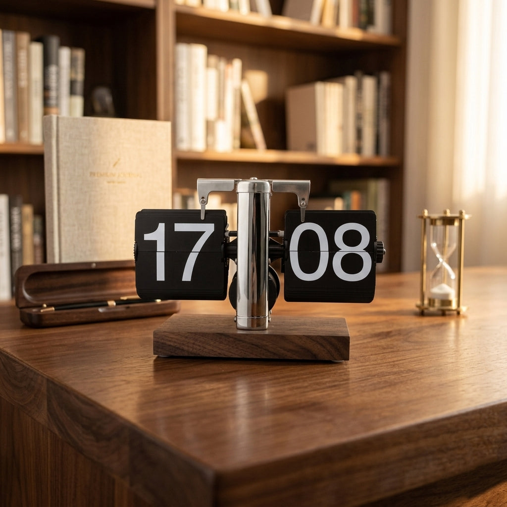 Mechanische Klappzahlenuhr: Retro-Statement aus Metall &amp; Walnuss-Optik