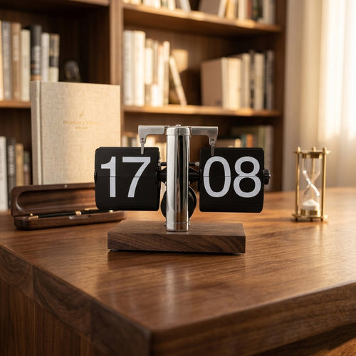 Mechanische Klappzahlenuhr: Retro-Statement aus Metall &amp; Walnuss-Optik