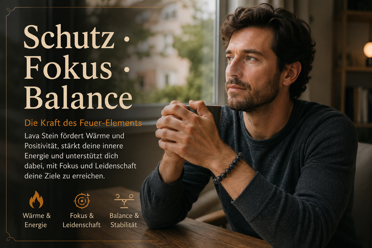 Ein deutscher Mann trägt ein schwarzes Lavastein-Armband und sitzt entspannt am Fenster in einem modernen, warm eingerichteten Zuhause. Die natürliche Lichtstimmung vermittelt Ruhe, Konzentration und Ausgeglichenheit. Links stehen die deutschen Botschaften „Schutz · Fokus · Balance“ sowie Hinweise zur symbolischen Verbindung des Lavasteins mit dem Feuer-Element, das für Wärme, Motivation, innere Stärke und positive Energie steht. Das Design wirkt hochwertig, minimalistisch und DTC-orientiert.