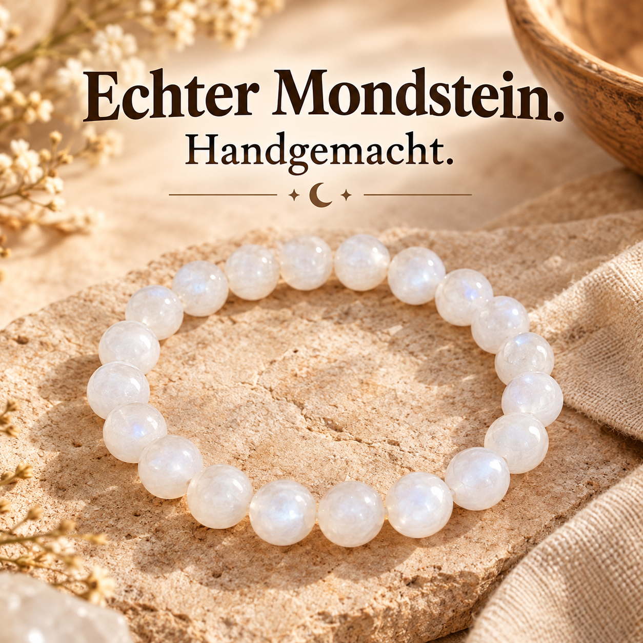 Handgemachtes Mondstein-Armband mit weißen, schimmernden Mondstein-Perlen auf natürlicher, warmer Oberfläche – eleganter Edelsteinschmuck im Boho-Stil.