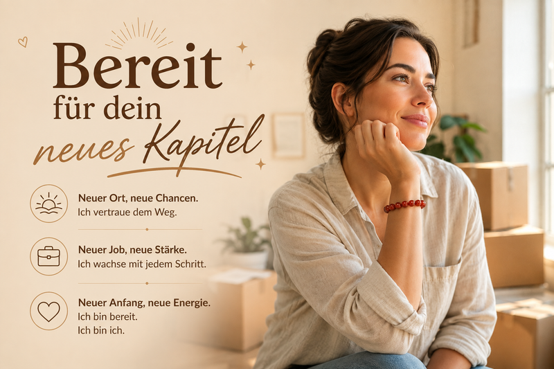 Eine selbstbewusste Frau mit einem roten Karneol-Armband sitzt in einer hellen, warmen Wohnung und blickt zuversichtlich nach vorne. Die Pinterest-Grafik trägt den Titel „Bereit für dein neues Kapitel“ und thematisiert Neuanfang, Umzug und Jobwechsel. Dezente Symbole und deutsche Texte stehen für neue Chancen, persönliche Stärke und einen positiven Neubeginn.