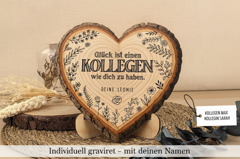 Maximale Flexibilität bei der Gravur. Neben dem Namen des Schenkenden („Deine Leonie“) kann auch der Name des Beschenkten direkt in die Hauptzeile integriert werden (z. B. „KOLLEGEN MAX“ oder „KOLLEGIN SARAH“). Diese doppelte Personalisierung macht das Holzherz zu einem unersetzlichen Erinnerungsstück.