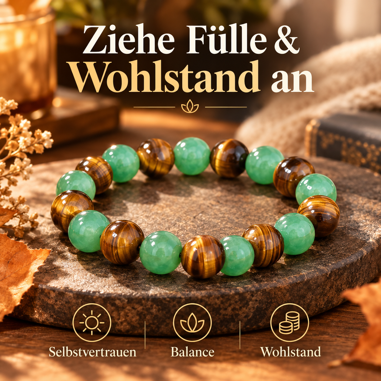 Handgefertigtes Perlenarmband aus grünem Aventurin und Tigerauge für Fülle, Wohlstand und Selbstvertrauen, stilvoll präsentiert in einer warmen, eleganten Herbstszene. Das natürliche Kristallarmband eignet sich als dekoratives Schmuckstück und symbolisches Geschenk für Frauen, die Balance, positive Energie und finanzielle Fülle anziehen möchten.