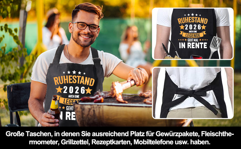Die Herren-Grillschürze misst 78 × 71 cm und bietet dank des verstellbaren Nackenriemens sowie der verlängerten Bauchbänder einen angenehmen und individuellen Sitz. Das leichte Baumwoll-Polyester-Material sorgt für hohen Tragekomfort und eignet sich perfekt für lange Grillabende oder Kochsessions.