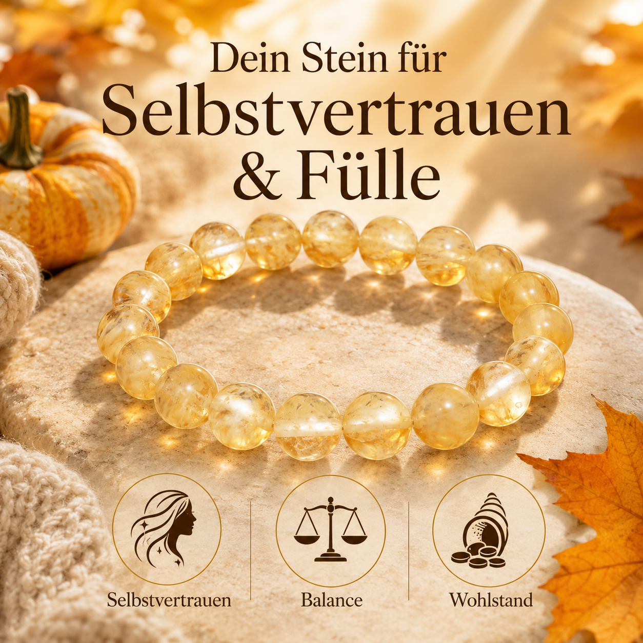 Goldener Citrin-Edelstein-Armband auf einer warmen, herbstlich dekorierten Oberfläche. Das Schmuckstück steht für Selbstvertrauen, Balance und Wohlstand und wird mit dem Schriftzug „Dein Stein für Selbstvertrauen & Fülle“ präsentiert. Die Gestaltung verwendet warme Gold-, Beige- und Brauntöne sowie dezente Herbstblätter für eine elegante, natürliche Atmosphäre.