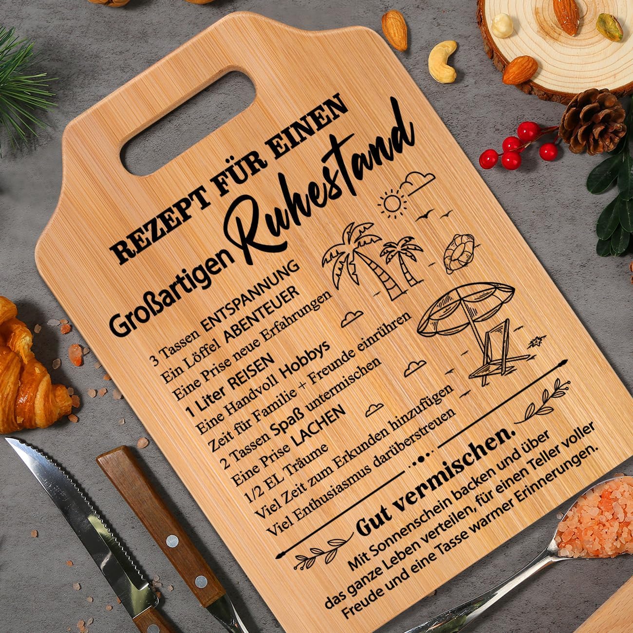 Bambus Schneidebrett mit Gravur „Rezept für den Ruhestand“