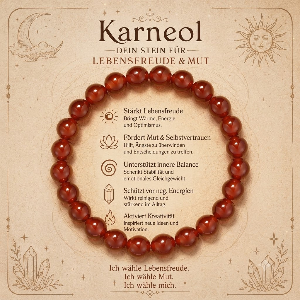 Ästhetische Infografik zu einem Karneol-Perlenarmband auf beigefarbenem Pergamentpapier mit Beschreibungen zu Lebensfreude, Mut, innerer Balance, Schutz und Kreativität.