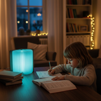 Kind macht Hausaufgaben am Schreibtisch mit einer farbigen LED Buchlampe aus Echtholz als Nachtlicht