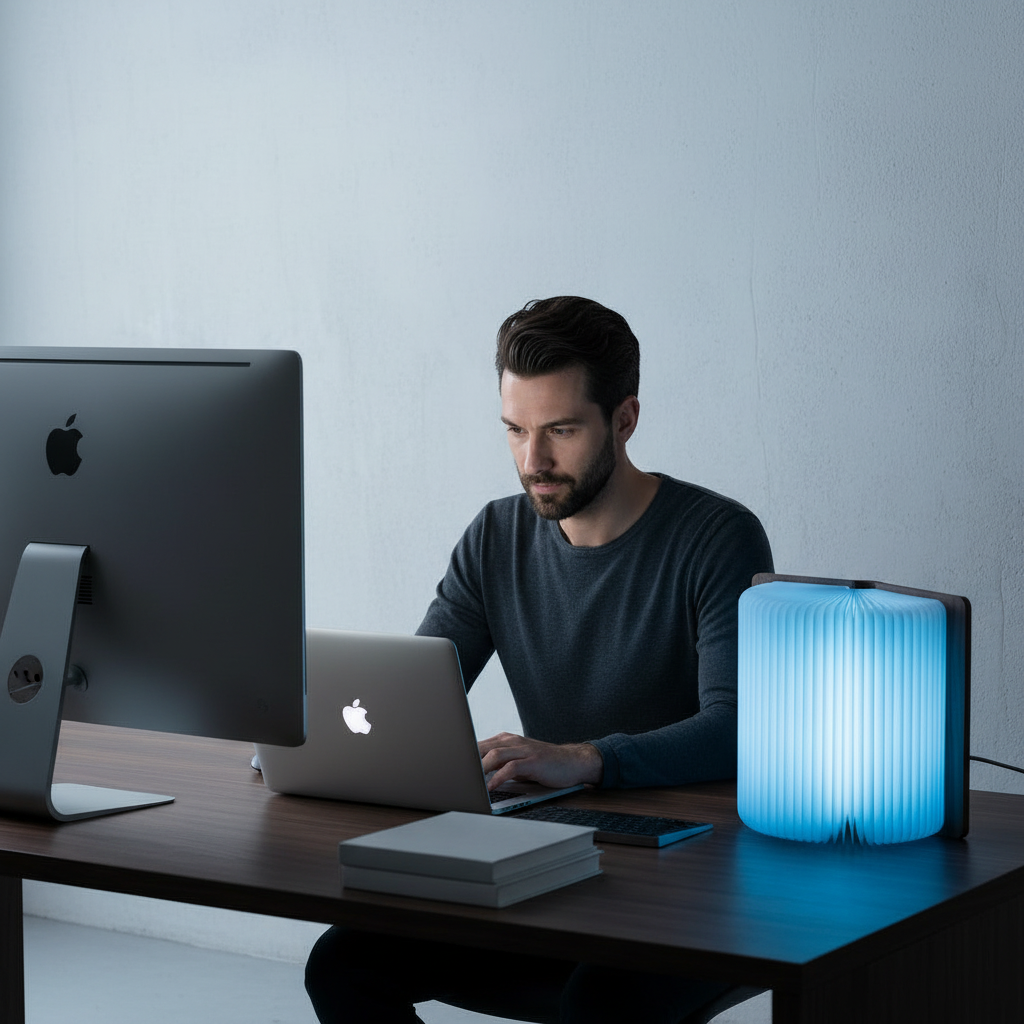 Mann arbeitet spät am Laptop im Homeoffice mit einer LED Buchlampe aus Echtholz in kühlem Blaulicht