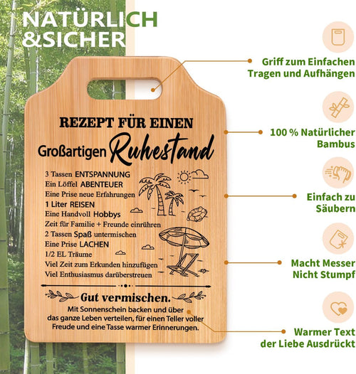 Exklusives Ruhestand Geschenk: Bambus Schneidebrett mit Gravur „Rezept für den Ruhestand“