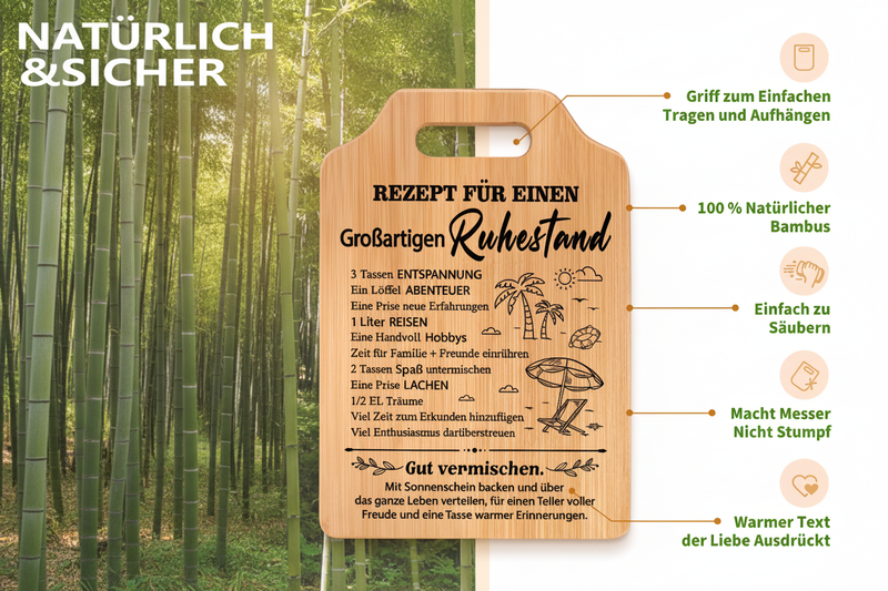 Exklusives Ruhestand Geschenk: Bambus Schneidebrett mit Gravur „Rezept für den Ruhestand“ – Das ideale Abschiedsgeschenk für Kollegen & Freunde
