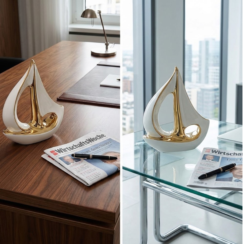 Veredeln Sie Ihr Büro mit der Skulptur „Vento d’Oro“. Ein abstraktes Segelschiff aus Premium-Keramik & Gold-Finish – das Symbol für Erfolg und Aufbruch. Jetzt entdecken!