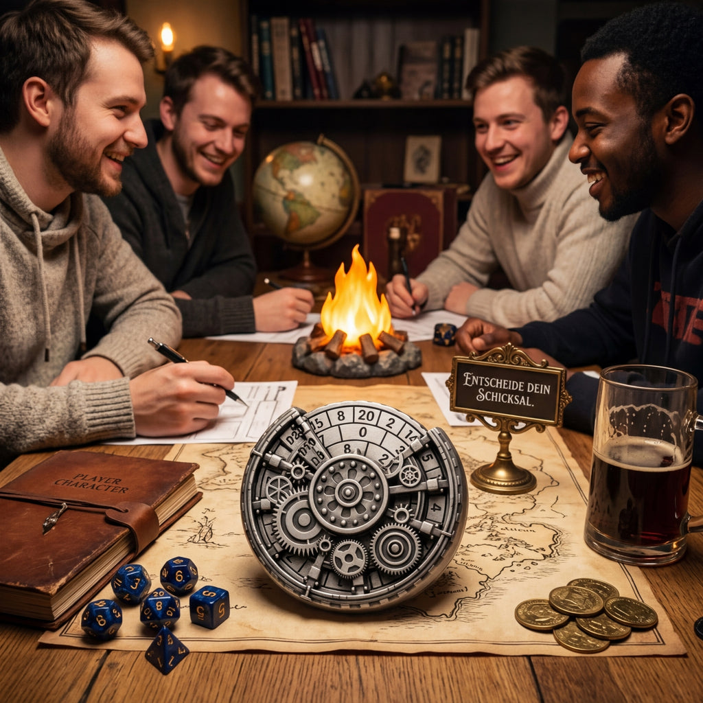 Fidget Spinner Metall mechanisch D20 Würfelsystem für DND Spieleabend in deutscher Kneipe am Tisch.