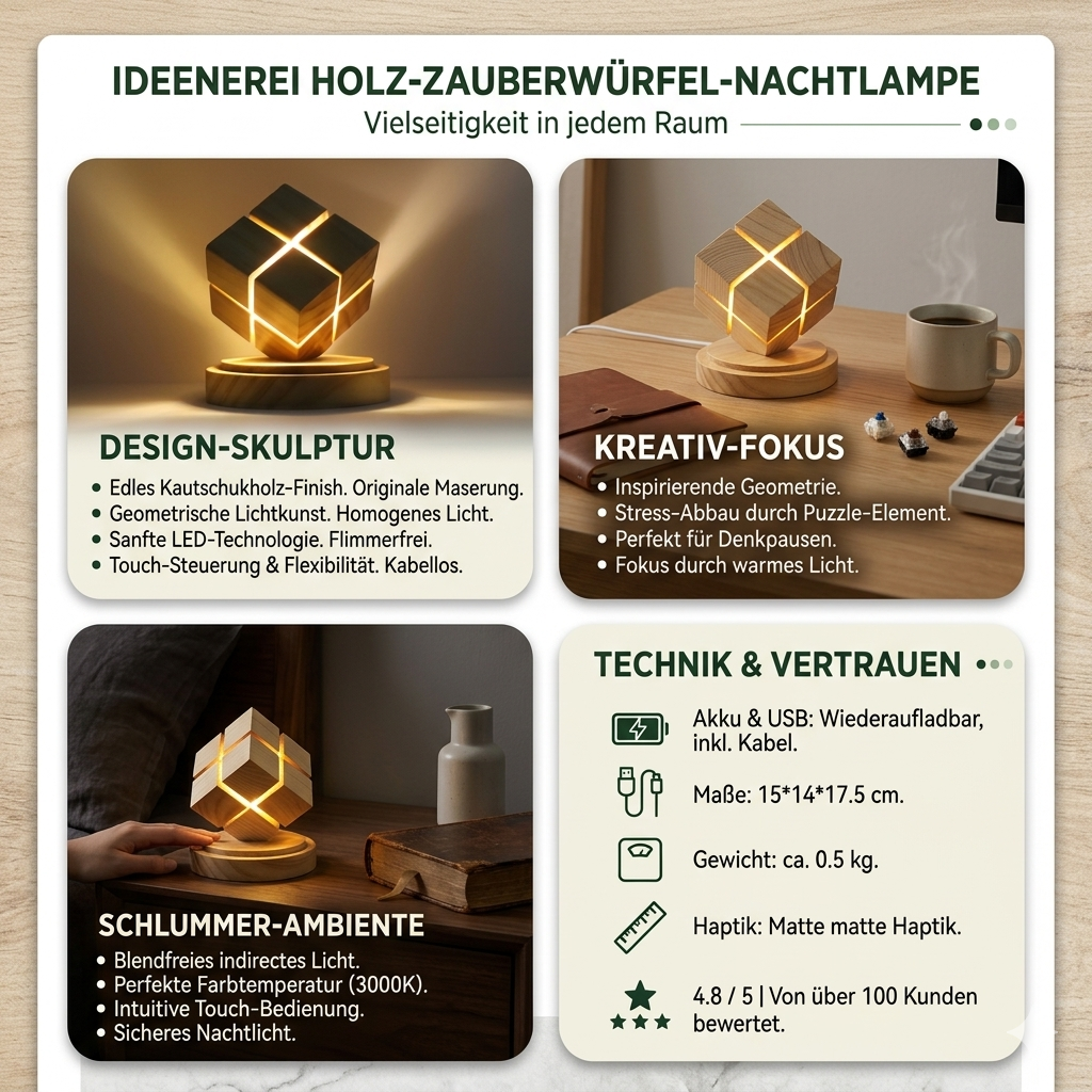 Moderne Holz-Nachtlampe im Zauberwürfel-Design von Ideenerei, präsentiert in vier Anwendungsbereichen: als Design-Skulptur, kreatives Bürolicht, sanftes Schlafzimmer-Ambientelicht und mit technischen Details wie USB-Ladefunktion und Kautschukholz-Textur.