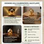 Moderne Holz-Nachtlampe im Zauberwürfel-Design von Ideenerei, präsentiert in vier Anwendungsbereichen: als Design-Skulptur, kreatives Bürolicht, sanftes Schlafzimmer-Ambientelicht und mit technischen Details wie USB-Ladefunktion und Kautschukholz-Textur.