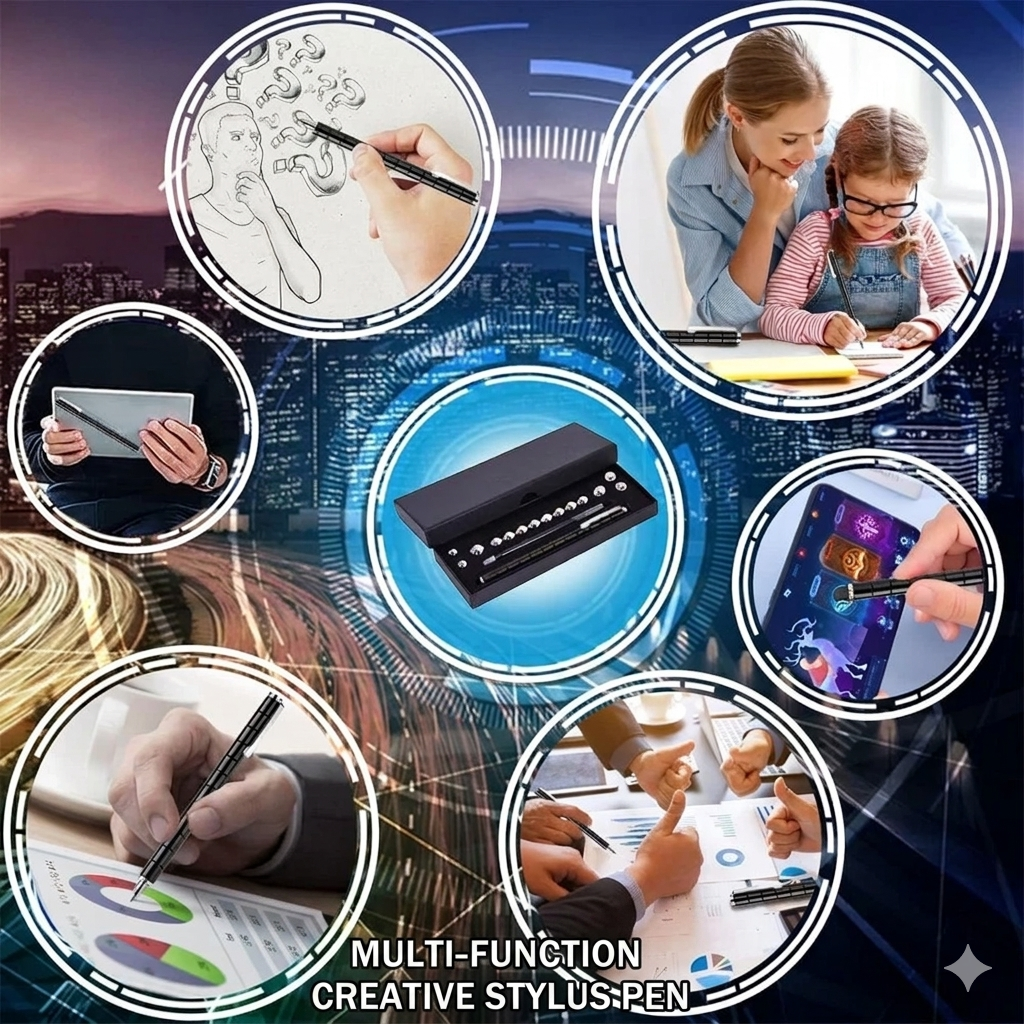 Collage zeigt verschiedene Anwendungsszenarien des magnetischen Fidget Pens: Skizzieren kreativer Ideen, Nutzung als Touchscreen-Stylus für Tablets und Spiele, Analyse von Geschäftsberichten im Büro und gemeinsames Zeichnen von Mutter und Kind. In der Mitte ist das komplette Set in einer edlen schwarzen Geschenkbox abgebildet.