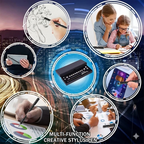 Collage zeigt verschiedene Anwendungsszenarien des magnetischen Fidget Pens: Skizzieren kreativer Ideen, Nutzung als Touchscreen-Stylus für Tablets und Spiele, Analyse von Geschäftsberichten im Büro und gemeinsames Zeichnen von Mutter und Kind. In der Mitte ist das komplette Set in einer edlen schwarzen Geschenkbox abgebildet.