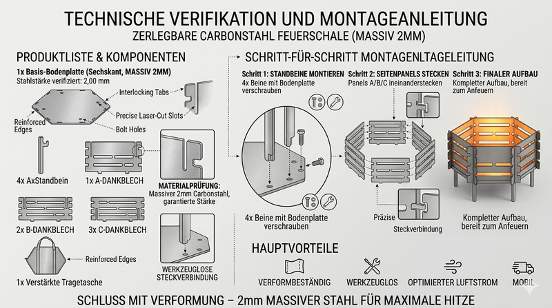 Technische Dokumentation der steckbaren Feuerschale aus massivem 2mm Carbonstahl. Die Grafik zeigt die verformungsbeständige Konstruktion durch lasergeschnittene Steckelemente, inklusive Montageanleitung in 3 Schritten und einer detaillierten Produktliste der 11 Einzelteile und Tragetasche. Slogan: Schluss mit Verformung – 2mm massiver Stahl für maximale Hitze.