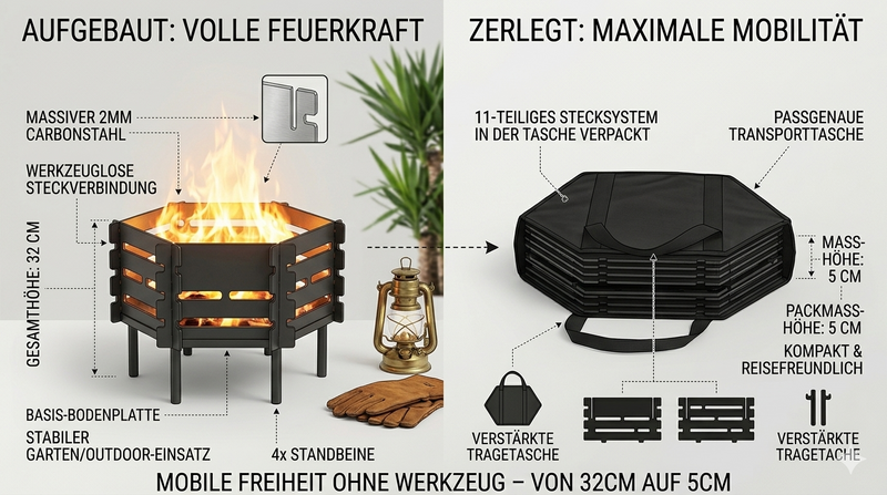 Technische Grafik der modularen 2mm Carbonstahl Feuerschale. Die Infografik vergleicht die zwei Zustände: Links aufgebaut mit voller Feuerkraft und 32cm Gesamthöhe für den stabilen Garten/Outdoor-Einsatz. Rechts zerlegt und kompakt in der verstärkten Tragetasche verpackt mit nur 5cm Packmaß-Höhe. Slogan: Mobile Freiheit ohne Werkzeug – Von 32cm auf 5cm.