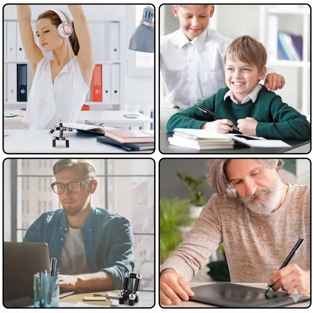 Magnetischer Fidget Pen im Einsatz bei verschiedenen Altersgruppen: Büro-Gadget zur Entspannung, kreatives Schreibwerkzeug für Kinder und präziser Tablet-Stylus für Erwachsene. Vielseitiges Geschenk für die ganze Familie.