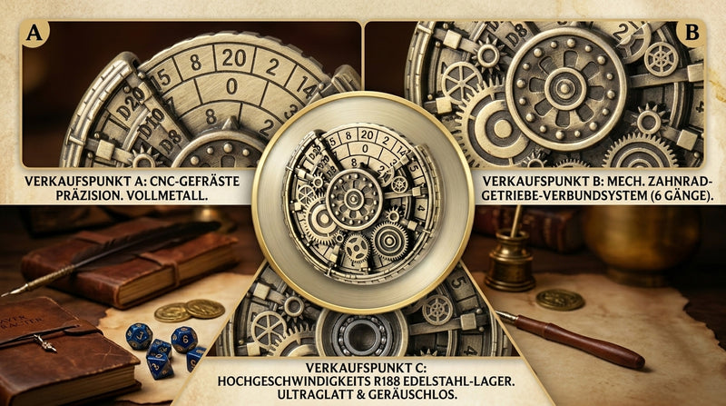 Mechanischer D20 Fidget Spinner - Vollmetall Silber.