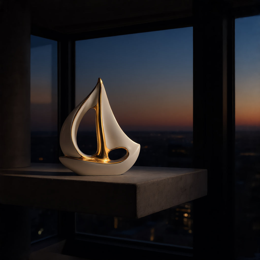 Minimalismus bedeutet nicht Leere, sondern die Auswahl des Außergewöhnlichen. Die Skulptur „Vento d’Oro“ ist der visuelle Ankerpunkt, der moderne Interieurs zum Leben erweckt. Ein Spiel aus Licht, Schatten und goldenen Reflexionen