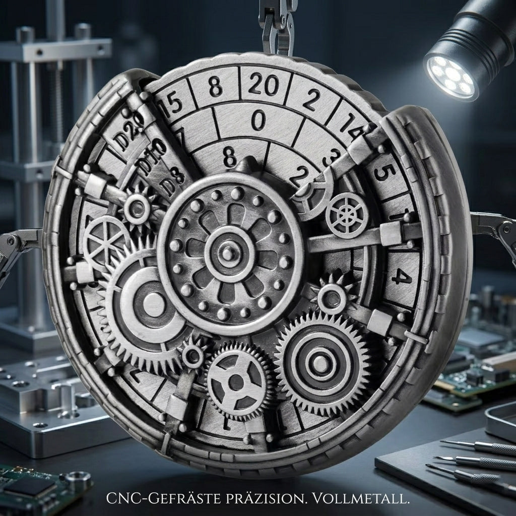 Detailaufnahme eines mechanischen Schicksalsrad Spinners mit sichtbaren Zahnrad-Getrieben und eingravierten D20 Zahlen.