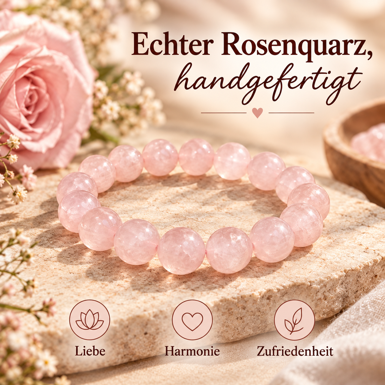 Handgefertigtes Armband aus echtem Rosenquarz auf einem warmen, natürlichen Steintablett, umgeben von zarten rosa Rosen und floralen Elementen. Die romantische Produktaufnahme vermittelt Liebe, Harmonie und Zufriedenheit in einem eleganten, natürlichen Stil.