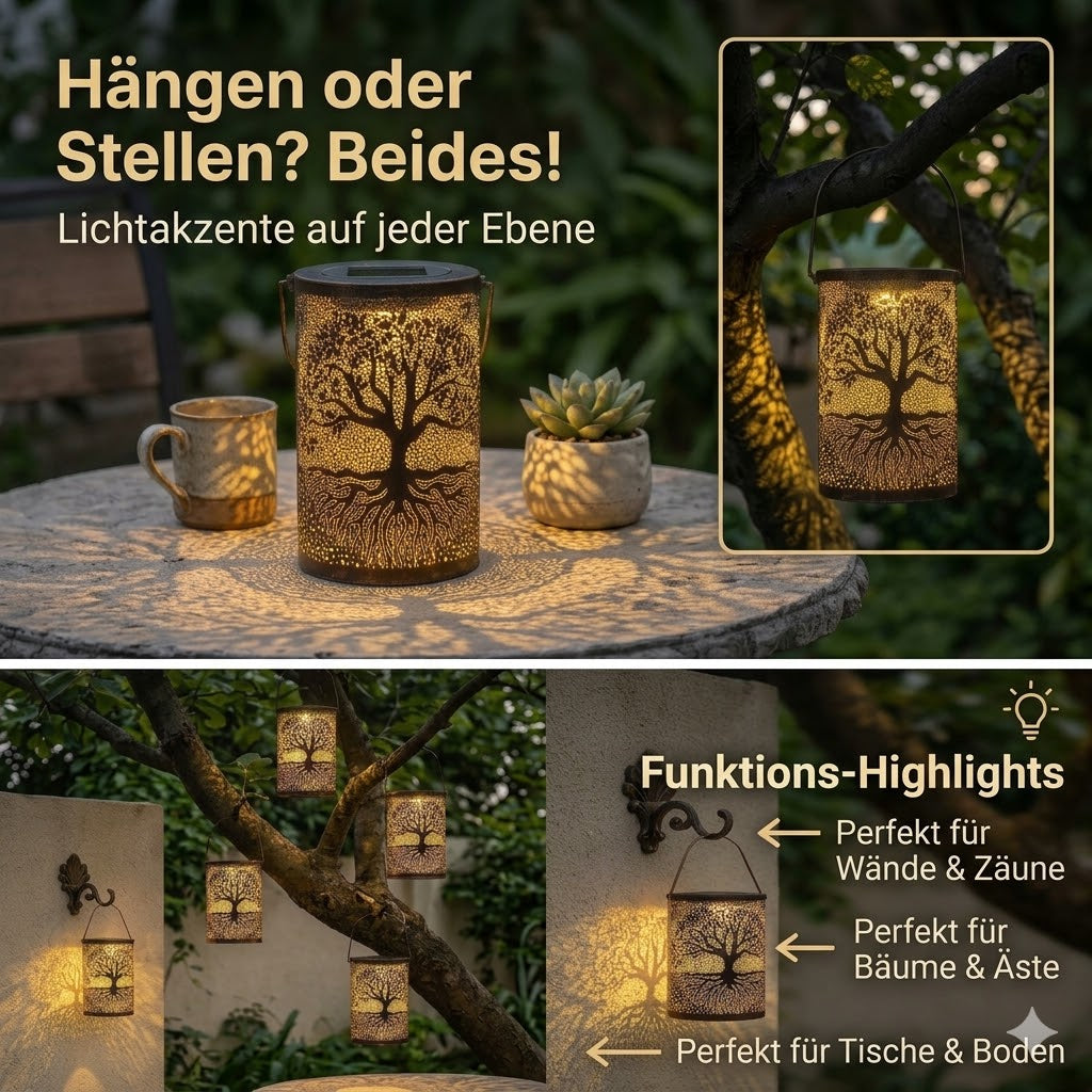 Eine Collage oder ein Video, das zeigt, wie die Solar-Laterne an einem Haken an einer Steinmauer hängt und eine weitere auf einem Mauervorsprung steht. Die komplexen Schattenmuster des Lebensbaums sind an der Wand deutlich sichtbar.