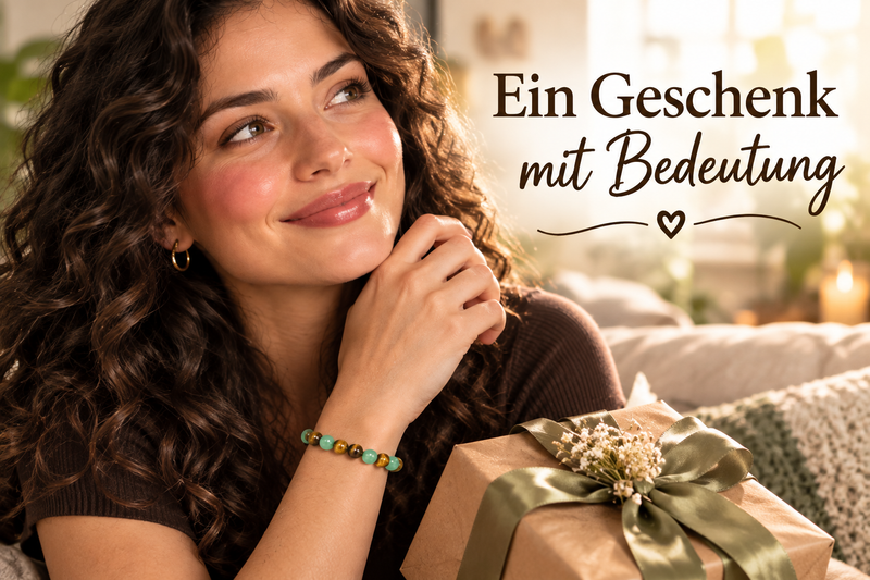 Junge deutsche Frau trägt ein grünes und goldbraunes Edelsteinarmband und hält neben einem liebevoll verpackten Geschenk. Warme, elegante Wohnatmosphäre als Inspiration für ein bedeutungsvolles Geschenk und gute Wünsche für eine Freundin. Pinterest-Motiv mit dem Hook „Ein Geschenk mit Bedeutung“.