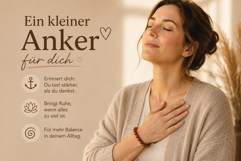 Eine deutsche Frau trägt ein Karneol-Armband und legt die Hand beruhigend auf ihr Herz. Der Pinterest-Pin vermittelt Selbstfürsorge, innere Balance und einen kleinen persönlichen Anker für schwierige Momente.
