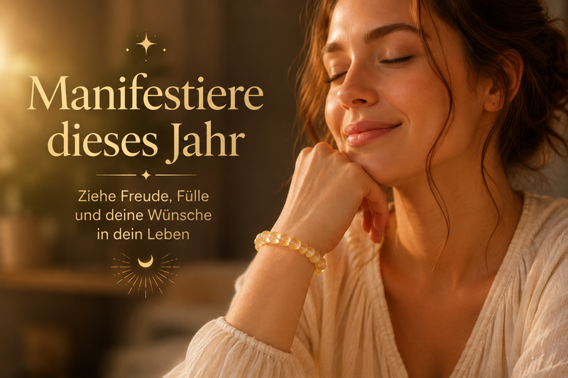 Junge deutsche Frau trägt ein Citrin-Armband mit warmen goldgelben Edelsteinperlen und schließt entspannt die Augen. Die Pinterest-Grafik thematisiert Wunschmanifestation, Fülle, Selbstvertrauen und positive Energie. Modernes Wellness- und Lifestyle-Motiv für Frauen, die ihre Wünsche manifestieren und neue Ziele verwirklichen möchten.