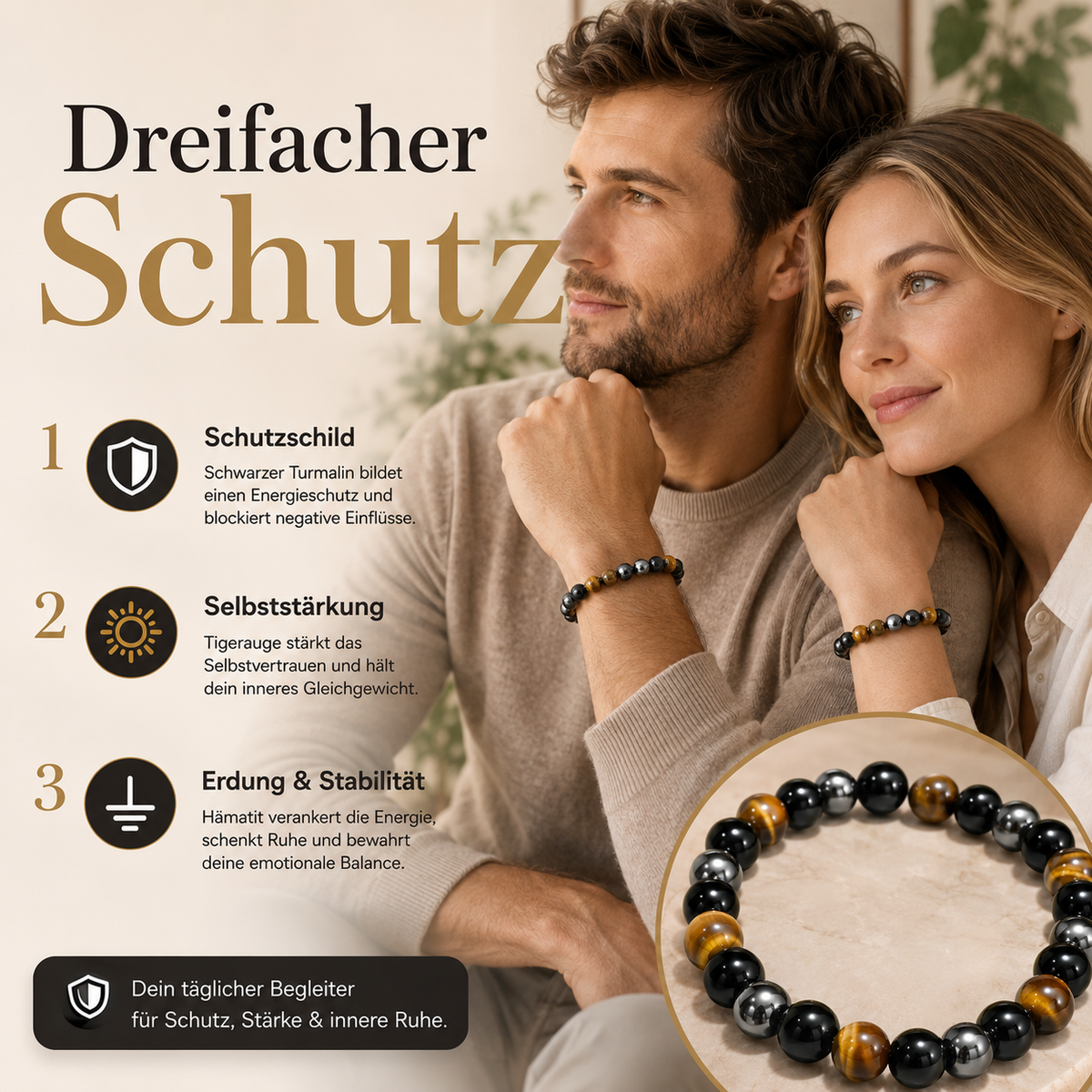 Elegantes Armband aus schwarzem Turmalin, Tigerauge und Hämatit auf einer hellen Natursteinplatte im modernen, minimalistischen Wohnstil. Die quadratische Produktgrafik trägt die Überschrift „Dreifacher Schutz“ und hebt drei Eigenschaften hervor: Schutz vor negativen Einflüssen, Stärkung des inneren Selbstvertrauens sowie Erdung und emotionale Stabilität. Warme Naturfarben, hochwertige Materialien und ein stilvolles, deutsches DTC-Design vermitteln Ruhe und Wertigkeit.