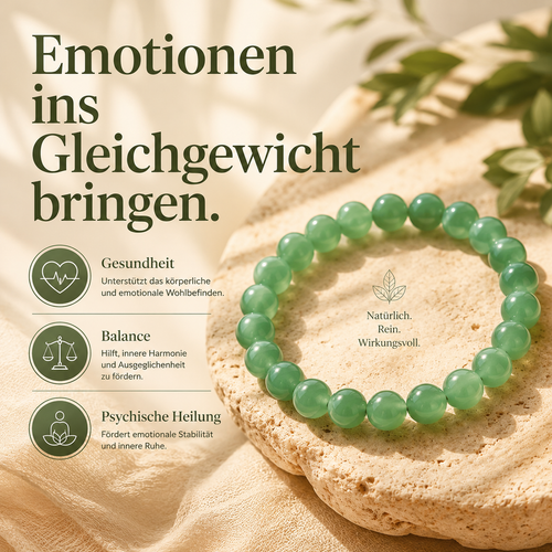 Quadratische Produktgrafik eines Armbands aus grünen Aventurin-Perlen auf einem hellen Naturstein mit sanftem, warmem Licht. Die große Überschrift lautet „Emotionen ins Gleichgewicht bringen.“ Links befinden sich drei Symbole mit den Vorteilen „Gesundheit“, „Balance“ und „Psychische Heilung“. Das minimalistische Design in Naturtönen vermittelt Ruhe, Harmonie und ein hochwertiges DTC-Erscheinungsbild mit Fokus auf das grüne Edelsteinarmband.