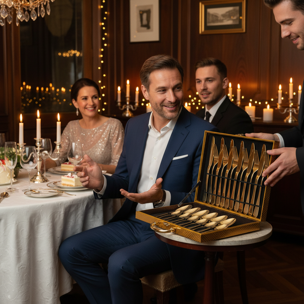 Ein Mann feiert seinen Geburtstag bei einem stilvoll gedeckten Tisch mit elegantem Besteck und warmem Licht