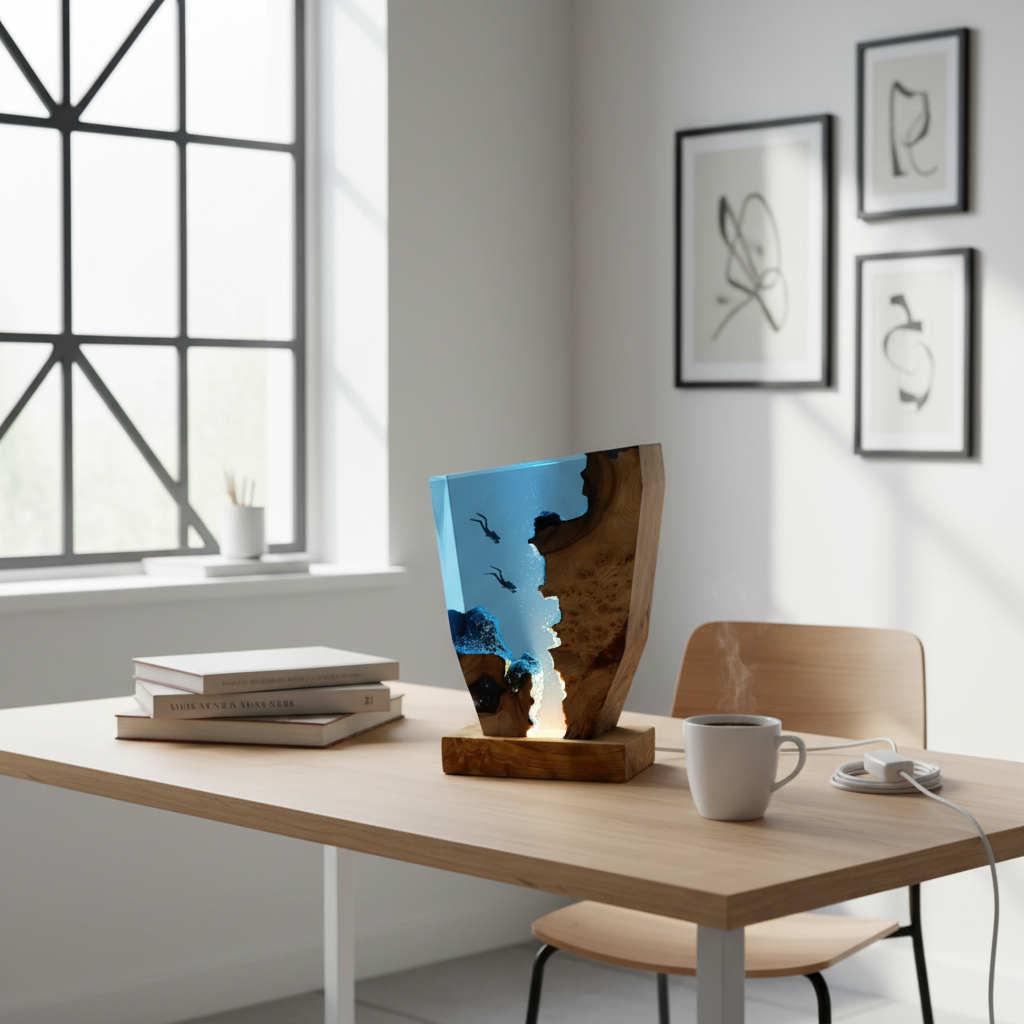 Epoxidharz-Holzlampe mit leuchtendem Unterwasser-Motiv auf einem modernen Schreibtisch im Bauhaus-Stil