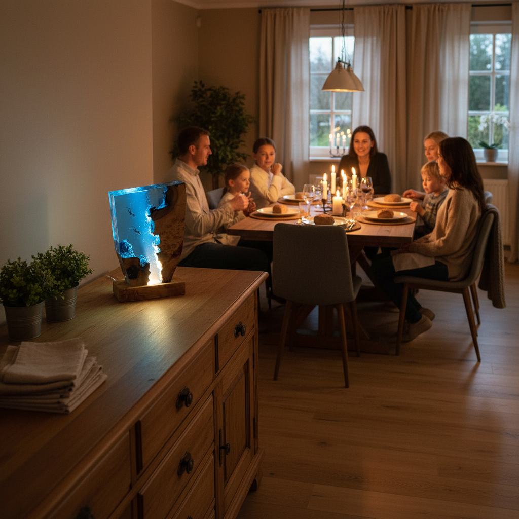 Epoxidharz-Lampe „Tiefsee-Abenteuer" als stimmungsvolles Dekorelement auf einem Sideboard beim Familienabendessen