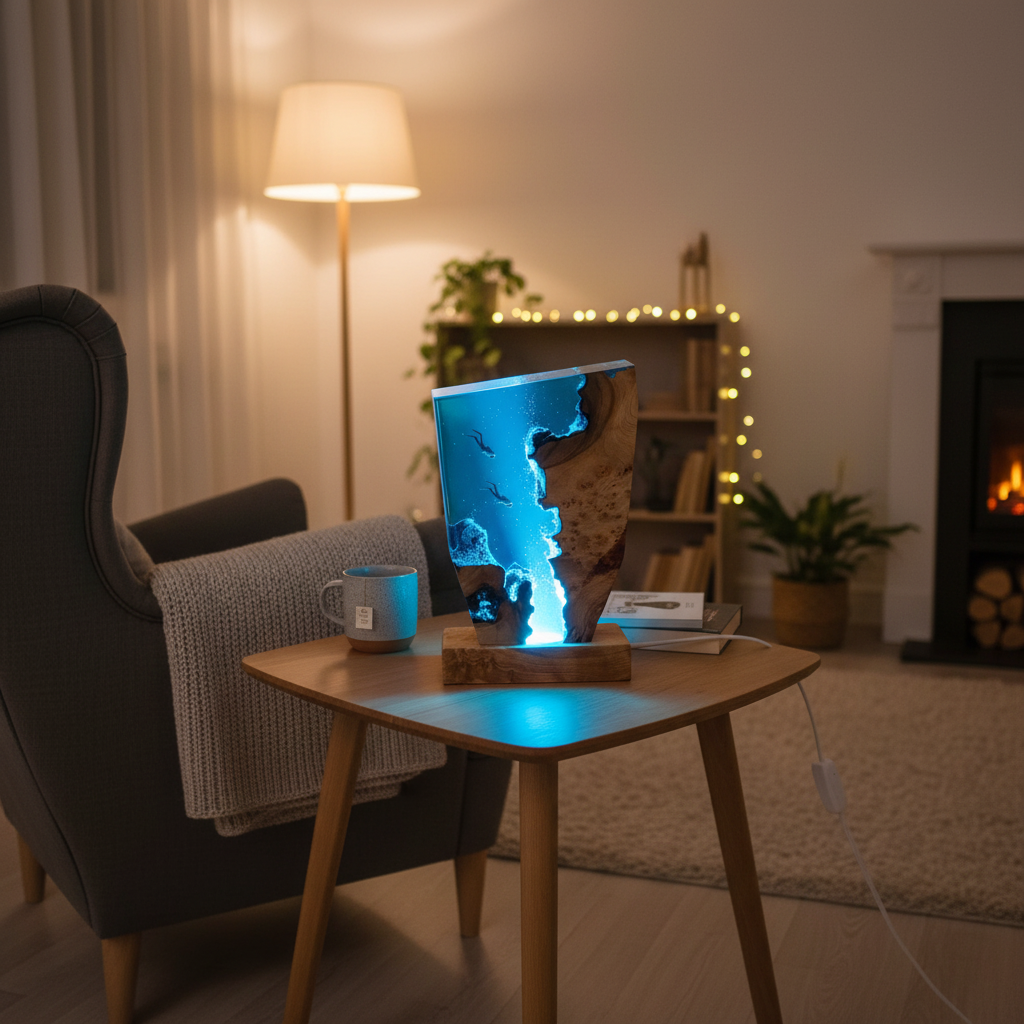 Handgefertigte Epoxidharz-Lampe „Tiefsee-Abenteuer" auf einem Beistelltisch im gemütlichen deutschen Wohnzimmer