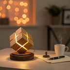 Holz-Zauberwürfel-Nachtlampe auf einem aufgeräumten Schreibtisch mit Füller und Kaffeetasse