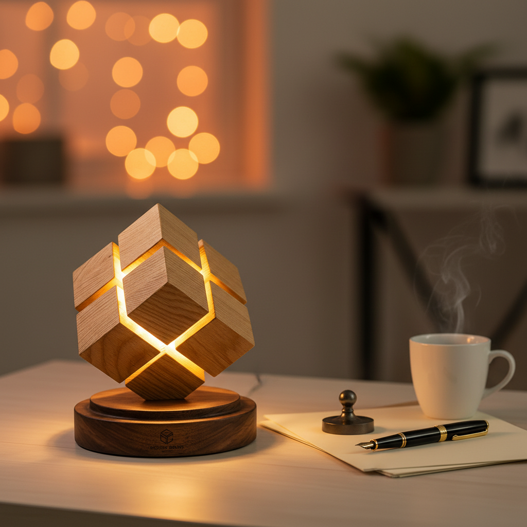 Holz-Zauberwürfel-Nachtlampe auf einem aufgeräumten Schreibtisch mit Füller und Kaffeetasse