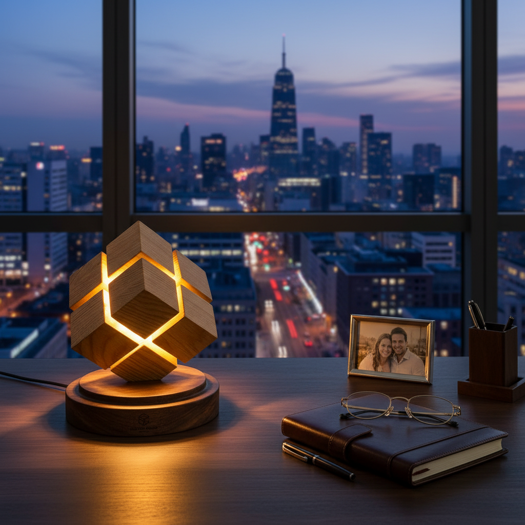 Holz-Zauberwürfel-Nachtlampe auf einem eleganten Chefschreibtisch mit Stadtblick am Abend