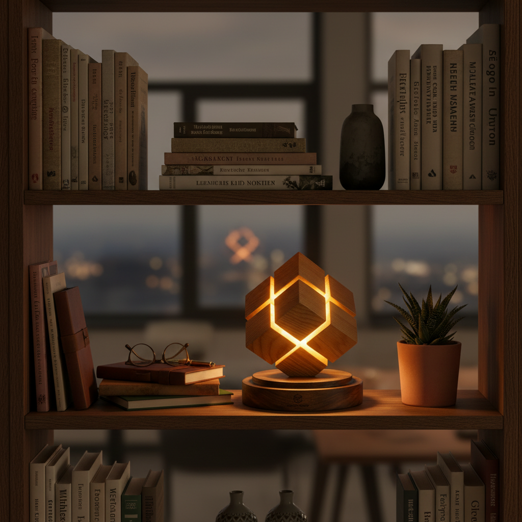 Holz-Zauberwürfel-Nachtlampe zwischen Büchern und Zimmerpflanze im Bücherregal