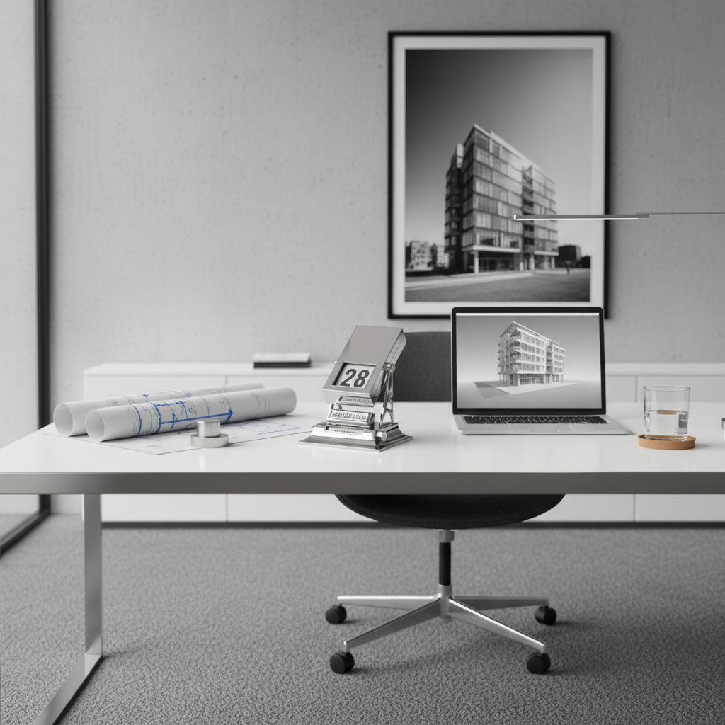 Metallischer Tischkalender im modernen Büro mit Laptop und Bauplänen im Bauhaus-Stil