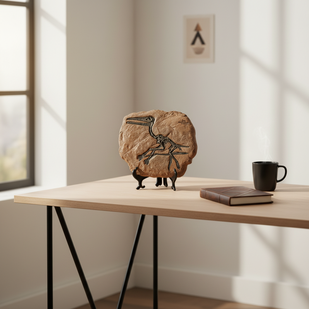 Pterosaurier-Fossil Replik auf einem minimalistischen Schreibtisch im Bauhaus-Stil, mit Notizbuch und Kaffee, warmes Nachmittagslicht