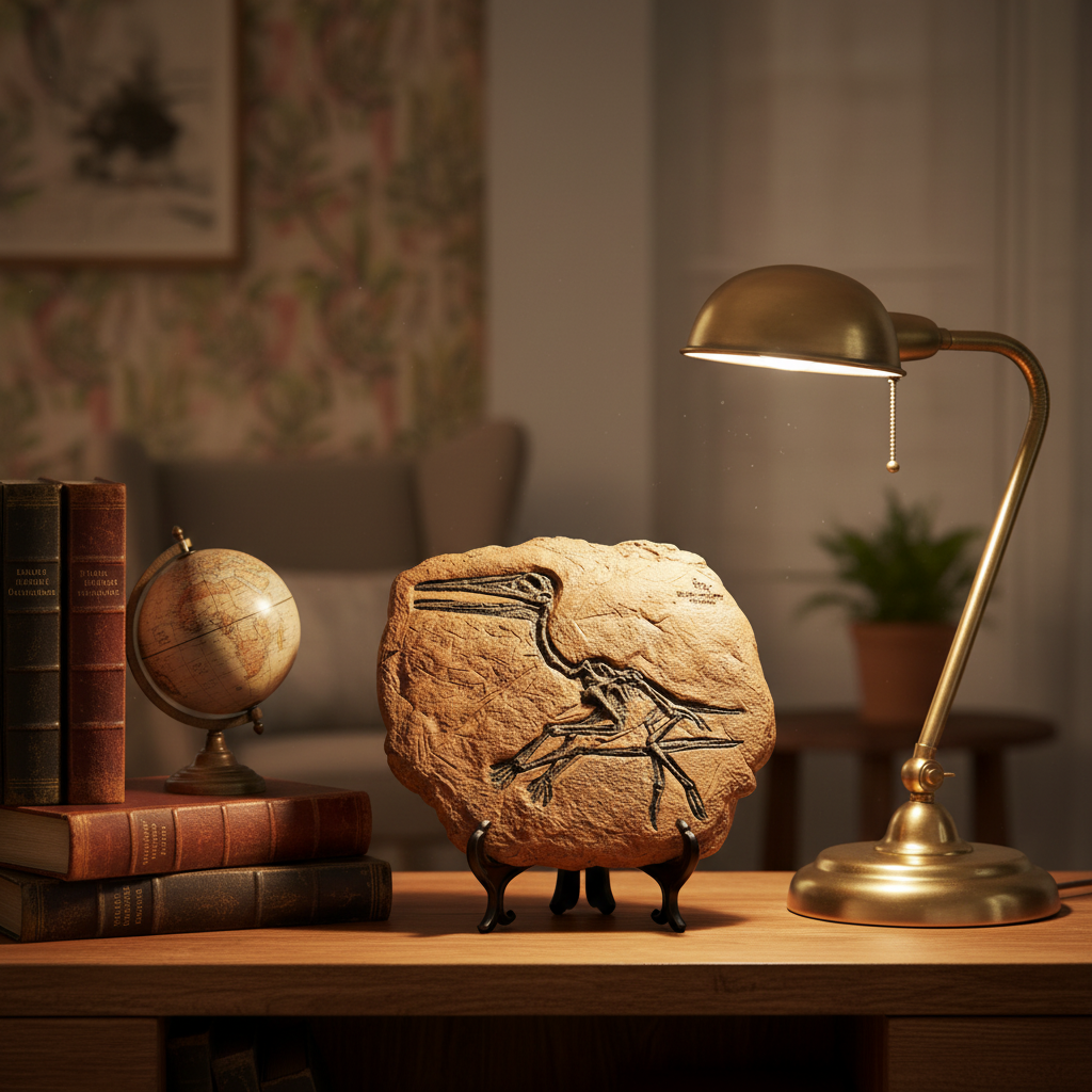 Pterosaurier-Fossil Replik auf einem Holzregal im gemütlichen deutschen Wohnzimmer, umgeben von Büchern und einem Messinglicht