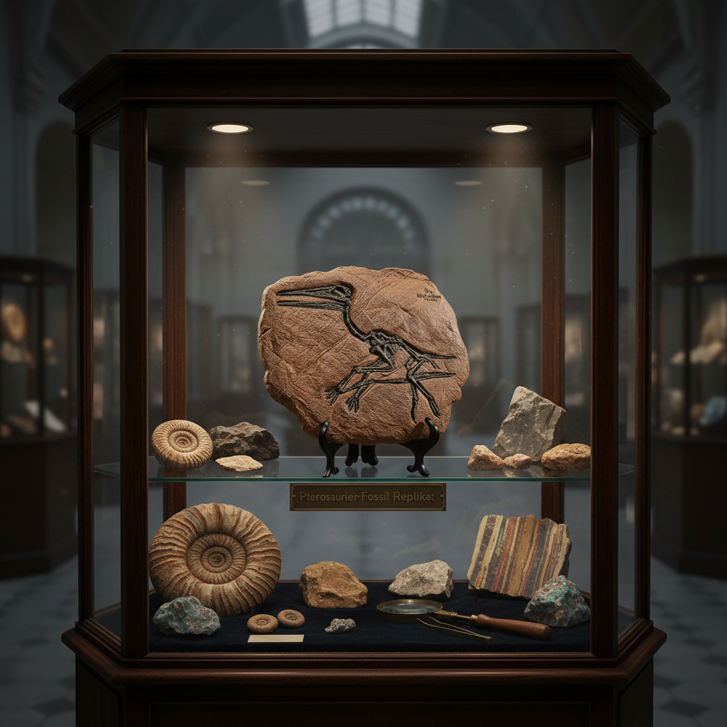  Pterosaurier-Fossil Replik in einer dunklen Holzvitrine im Stil eines deutschen Naturkundemuseums, dramatische Spotbeleuchtung