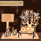 Personalisiertes Rentner-Geschenk aus Holz mit Fahrrad, Rentnerbank und beleuchtetem Baum – Text auf dem Schild individuell anpassbar