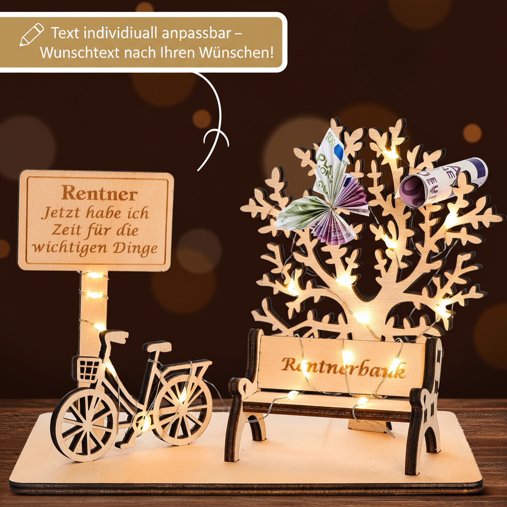 Personalisiertes Rentner-Geschenk aus Holz mit Fahrrad, Rentnerbank und beleuchtetem Baum – Text auf dem Schild individuell anpassbar